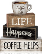 Moucuny 4 Pcs Farmhouse Coffee Bar Table Decor Vintage Wooden Stacked Block Sign - 'life Happens Coffee Helps' Table Centerpiece Rustic Wood Bar Sign Gift for Home Kitchen Shelf Tiered Tray Decor