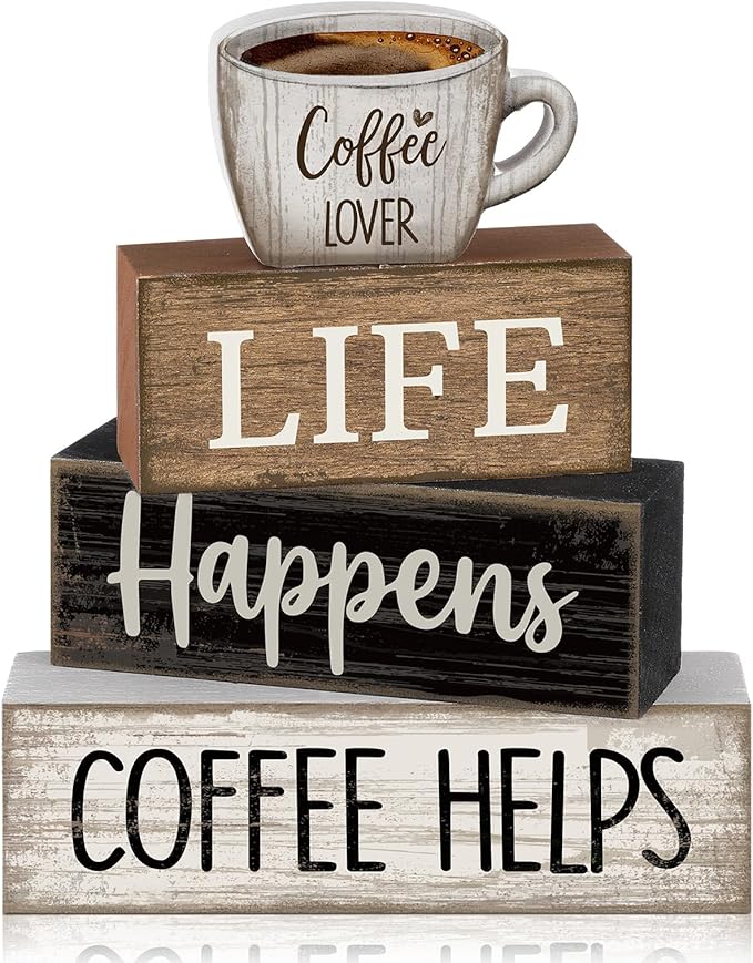Moucuny 4 Pcs Farmhouse Coffee Bar Table Decor Vintage Wooden Stacked Block Sign - 'life Happens Coffee Helps' Table Centerpiece Rustic Wood Bar Sign Gift for Home Kitchen Shelf Tiered Tray Decor