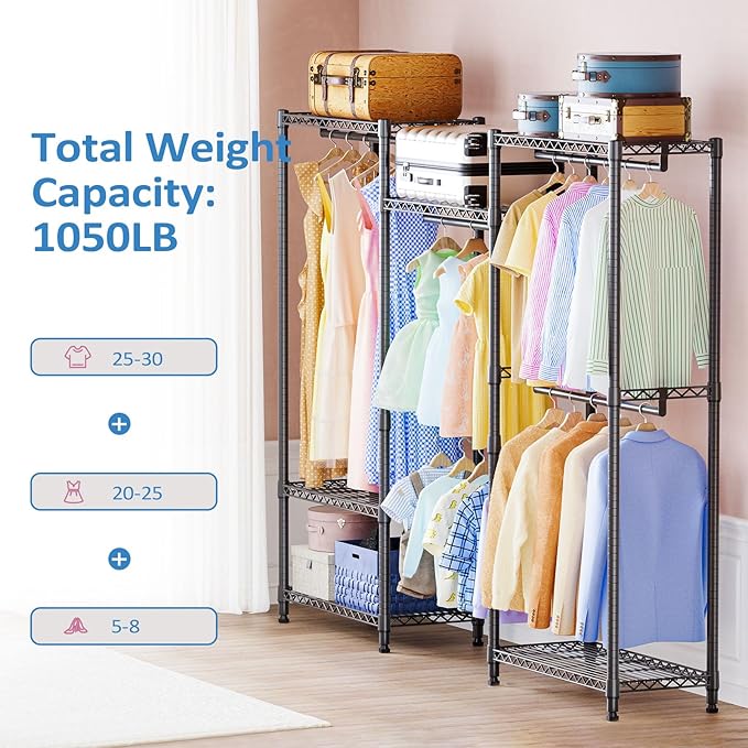 IZEUK Heavy Duty Rolling Garment Rack Wire Clothes Rack for Hanging Clothes (Black, 3 composition, 15.7" D x 70.8" W x 76.5" H)