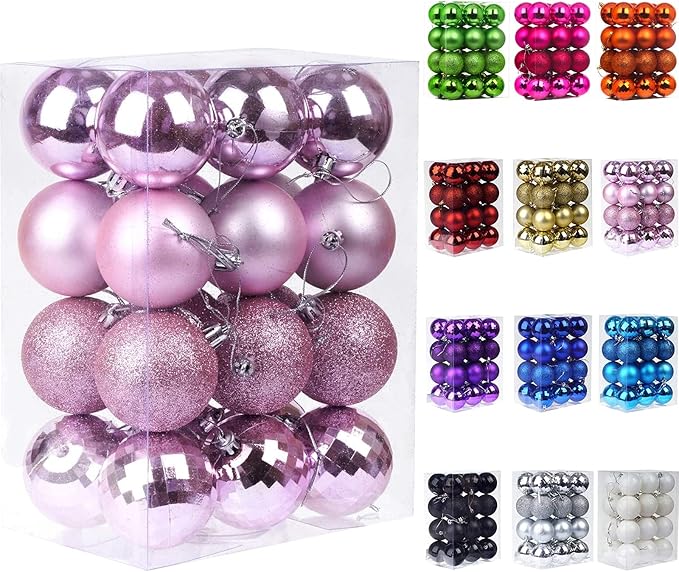 Emopeak 24Pcs Christmas Balls Ornaments for Xmas Christmas Tree - 4 Style Shatterproof Christmas Tree Decorations Hanging Ball for Holiday Wedding Party Decoration (Pink, 2.4"/6.2CM)