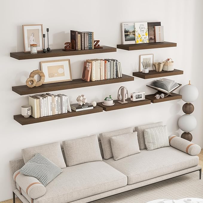 RICHFOCUS 24Inch Floating Shelves for Wall 2 Pack Shelves for Bedroom|Kitchen|Bathroom Wall Mounted Rustic Wood Floating Shelf with Invisible Brackets for Books|Storage|Decor, Walnut