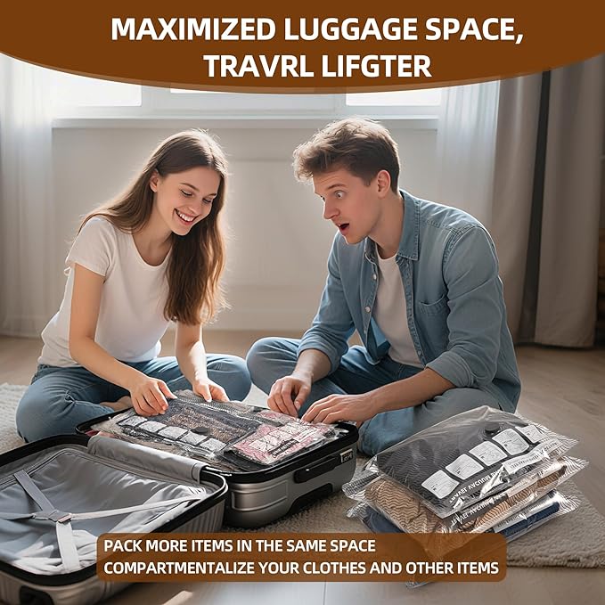 12 Pack Travel Vacuum Bags for Clothing,Compression Seal Packing Cubes for Suitcase Backpack,Vacuum Seal Bags for Clothing,Carry-on Size Space Saver Storage Bags 80% for Travel & Home（No pump）