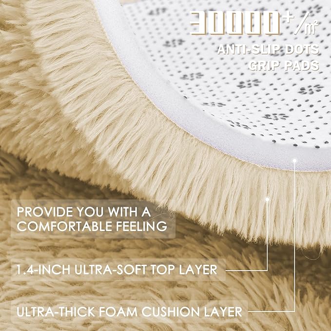 OLANLY Cream Round Rugs for Bedroom - Machine Washable, 2 ft Circle Area Rugs for Living Room, Soft and Fluffy Shaggy Carpet for Teen Girl and Boys, Nursery Rooms, Dorms, Home Decor Aesthetic