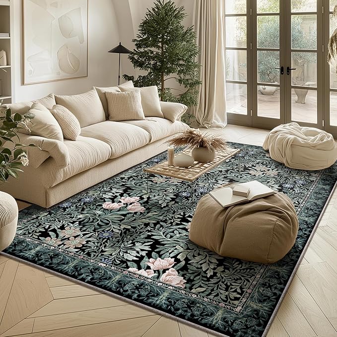 Washable Area Rugs 5x7 Black Green Vintage Floral Botanical Pattern,Perfect for Living Room, Bedroom, Kids Room, Nursery - Stain & Water Resistant Non-Slip, Pet & Child Friendly/Bedroom Decor