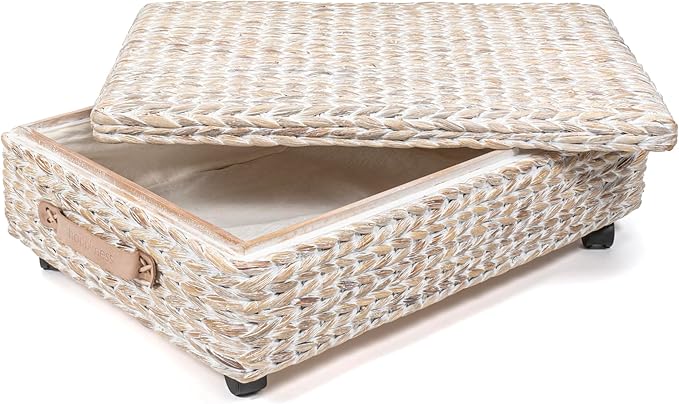 happimess BSK1006C 26.38" Chett Minimalist Hand-Woven Hyacinth/Wood Underbed Storage Bin with Wheels and Handles for Storage and Decoration in Bathroom, Bedroom, Closet,Entryway,Guest Room, White Wash