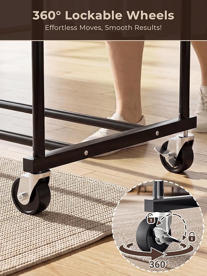 Clothes Rack, Rolling Clothing Rack with Double Rods for Hanging Clothes, Portable Garment Rack with Wheels, Metal Wardrobe Closet Organizer for Bedroom and Laundry Room