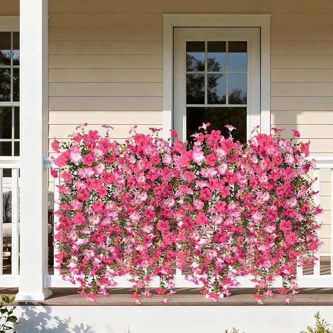 Artificial Fake Hanging Flowers Plants for Outdoor Spring Decoration,2 PCS Faux Silk Morning Glory with Eucalyptus Leaves,UV Resistant Realistic Trailing Vines for Balcony Porch Patio Yard Garden