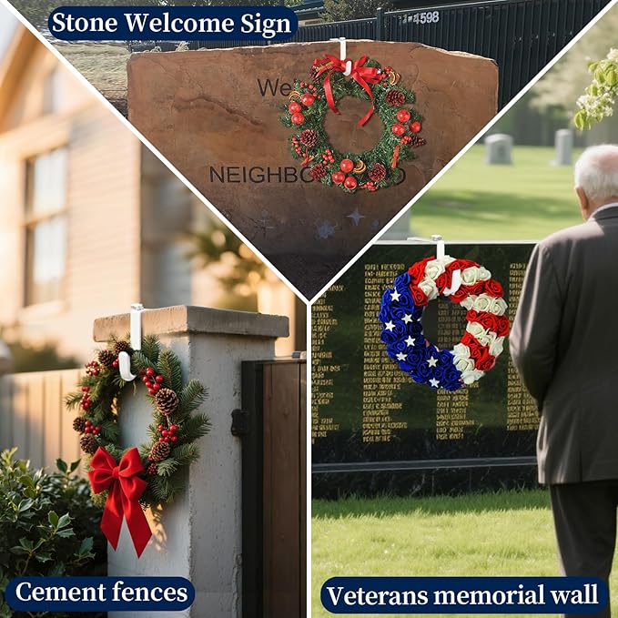 BEISE Wreath Hanger for Headstone, Adjustable 6"- 11", White 2 Pack, Non-Slip Sponge Grip, Fits Thick Upright Gravestone with Flat or Uneven Arched Tops, Easy Outdoor Cemetery Christmas Décor