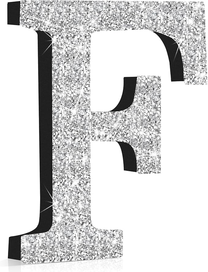 Qunclay 8'' Silver Crystal Diamond Bling Letters Crushed Diamond Decoration Wooden Glitter Letter with Screw and Hooks Rhinestone Gift for Wedding Y2k Mcbling Bedroom Wall Decor (Letter F)