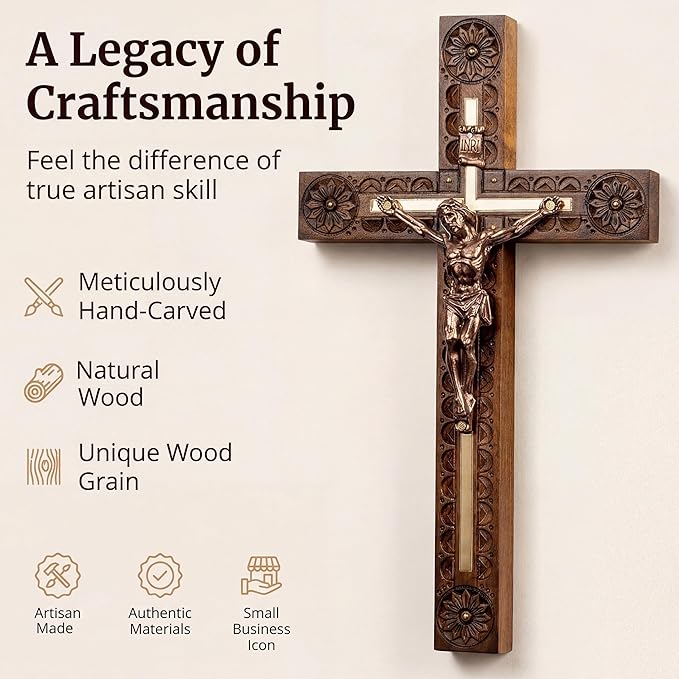 Woodvio - Hand carved wooden wall cross, Catholic crucifix