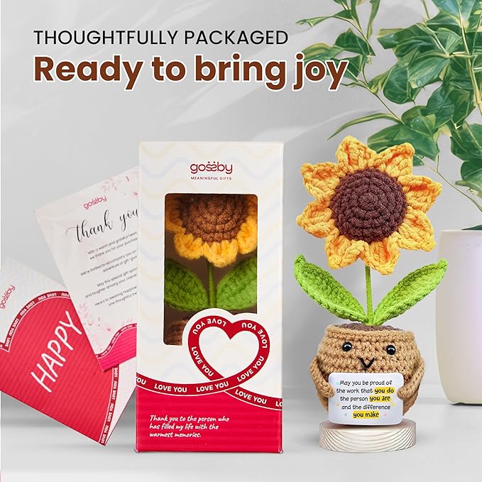 Gossby Handmade Positive Sunflower Crochet - May You Proud of The Work That You Do - Inspirational Gift for Women - Positive Energy, Apreciation, Farewell, Retirement, Goodbye Gift for Coworker