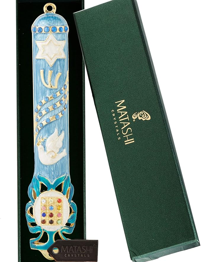Matashi Hand Painted Light Blue Enamel Mezuzah Case Embellished with Star of David, Peace Dove, and Priestly Hoshen Breastplate with Blue Crystals - Jewish Home Door Decor, Housewarming Judaica Gift