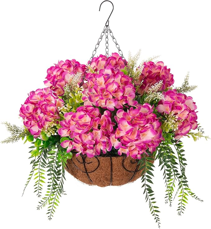 Artificial Hydrangea Flowers with Hanging Basket Planter for Spring Decoration, Fake Silk Flowers Outdoor Arrangements, Faux Hanging Plants for Garden Balcony Outside Decor (Fuchsia)