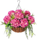 Artificial Hydrangea Flowers with Hanging Basket Planter for Spring Decoration, Fake Silk Flowers Outdoor Arrangements, Faux Hanging Plants for Garden Balcony Outside Decor (Fuchsia)