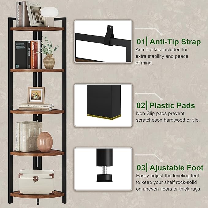 FATORRI Tall Corner Shelf, Industrial Corner Bookshelf, Wood and Metal Corner Shelf Stand for Living Room, Rustic Display Plant Stand for Home Office (Medium Walnut)
