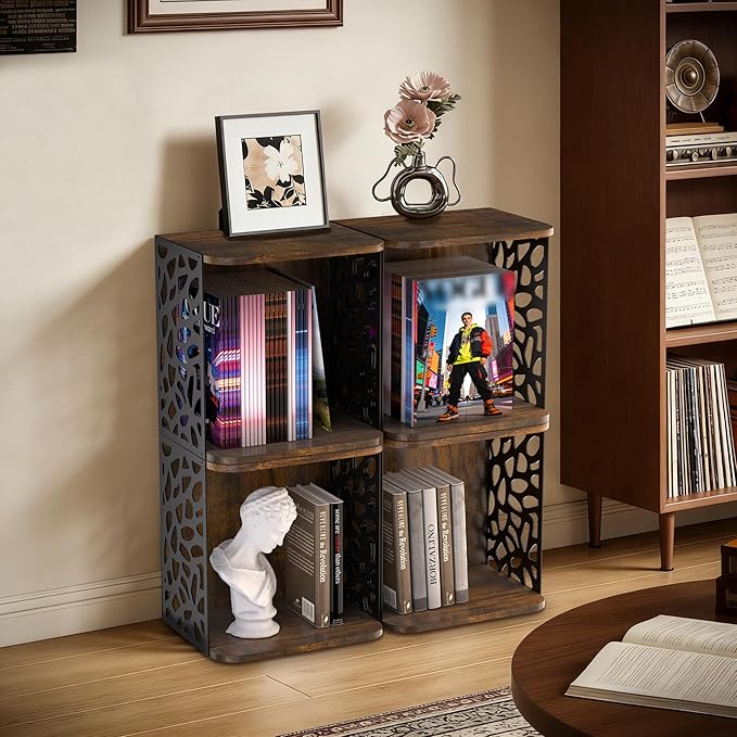 1 Cube of Magazine Rack, Modern Floor Magazine Holder with Rustic Wood & Metal Design, Large Capacity Stackable Organizer for Living Room & Office & Bedroom