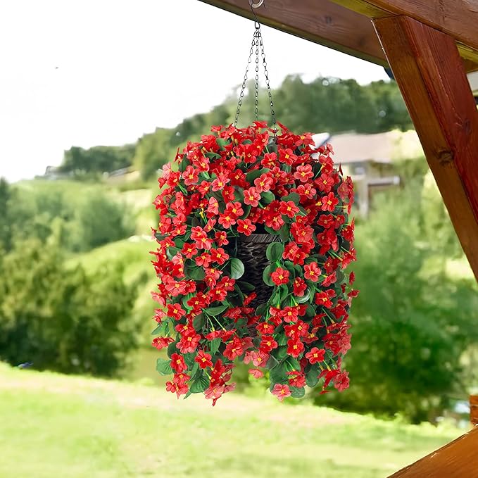 HyeFlora Artificial Fake Hanging Plants Flowers for Outdoor Outside Spring Decoration, 2 PCS Faux Silk Daisy Red Orchid Vines UV Resistant Realistic for Home Indoor Porch Patio Balcony