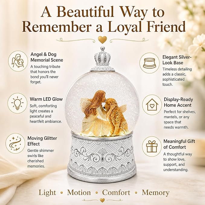 Dog Memorial Gifts for Loss of Dog Sympathy Gift, Snow Globe with Auto Swirling Glitter & 6H Timer, Battery or USB Powered, Dog Passing Away Gifts for Home Decor