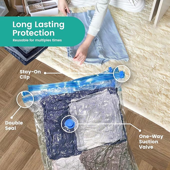 20 Pack Vacuum Storage Bags, Plastic Space Saver Seal Bags (4 Jumbo/4 Large/4 Medium/4 Small/4 Roll) Compression for Clothes, Mattress, Blankets and Bedding Storage, Hand Pump Included