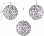 Christmas Traditions 4 inch Silver Glittered Rattan Ball Ornaments Hanging Tree Decorations (Set of 6)