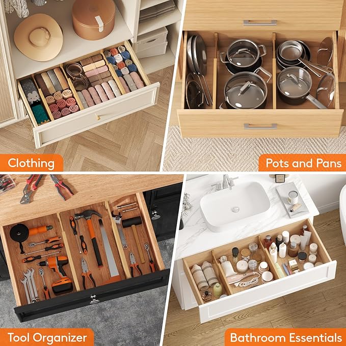 Lifewit 6" High 6 Pack Bamboo Drawer Dividers 33-42cm/13-16.5" Adjustable Wooden Drawer Organizer for Clothes/Utensils, Expandable Drawer Separator for Dresser/Kitchen/Bedroom/Office Organization