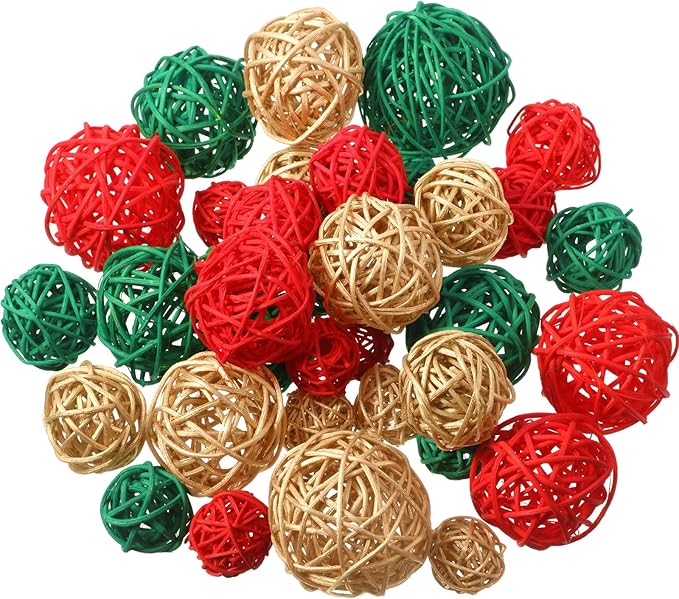 Patelai 36 Pcs Wicker Rattan Balls Decorative Balls for Vase Centerpiece Bowls Orbs Filler for Home Decor,4 Sizes(Red, Green, Gold,2.4'',2'',1.6'',1.2'')