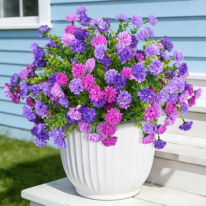 Artificial Flowers for Spring Outdoors Decoration, Fake Silk Marigold Flower with Look Real Eucalyptus Leaves UV Resistant Faux Plants for Garden Porch Planter Patio Balcony Yard Home Decor