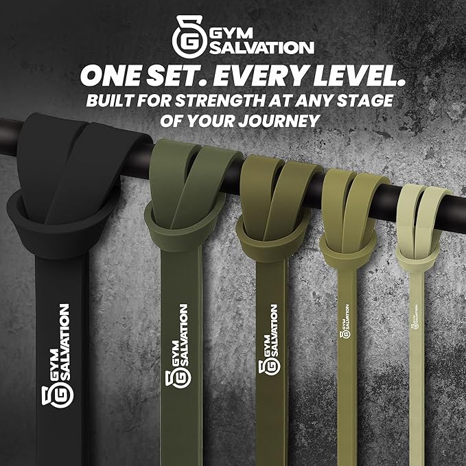 Gym Salvation Resistance Bands Set, 5 Pull Up Assist & Strength Training Bands, Durable Powerlifting & Workout Loops with Carry Bag - Black and Military Green Shades