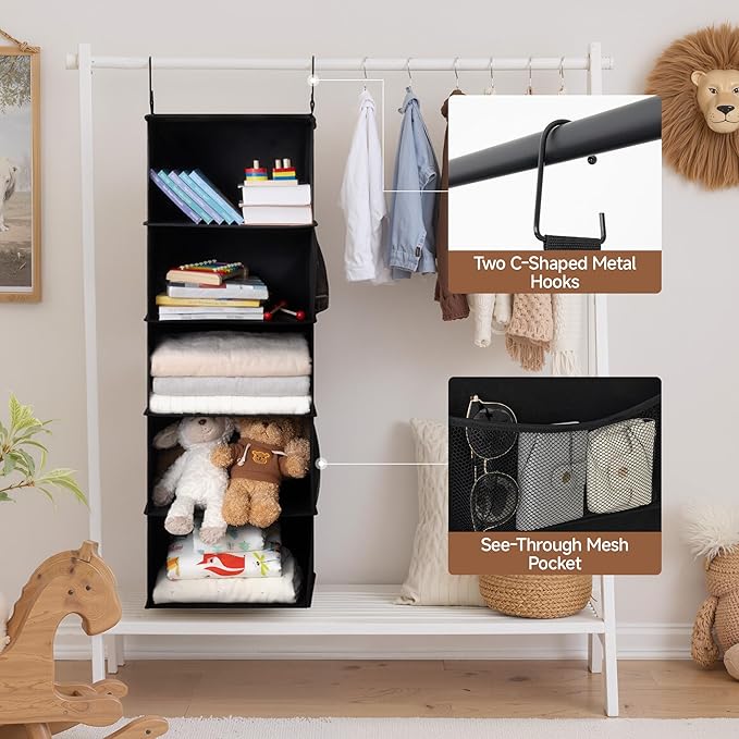 StorageWorks 5-Shelf Hanging Closet Organizers, Foldable Closet Storage Organizer with 2 Side Pockets, Portable Hanging Shelves for Clothes, Sweater, Towels, 12 1⁄2" D x 15" W x 48" H, Black