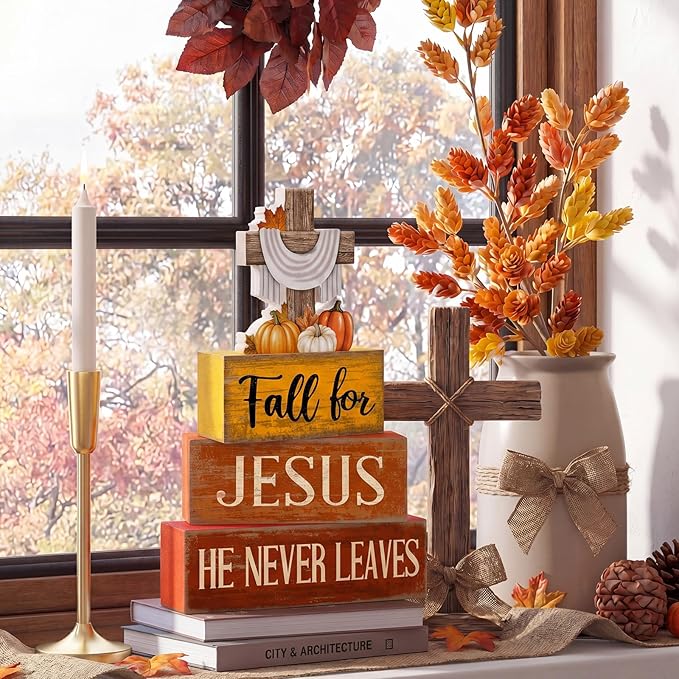 Lineshading 4 Pcs Fall Decoration for Home Rustic Fall Religious Wooden Stacked Sign Decor - Cross & Pumpkin Themed Table Decoration with Faith Quotes Thanksgiving Tiered Tray Decor for Office Church