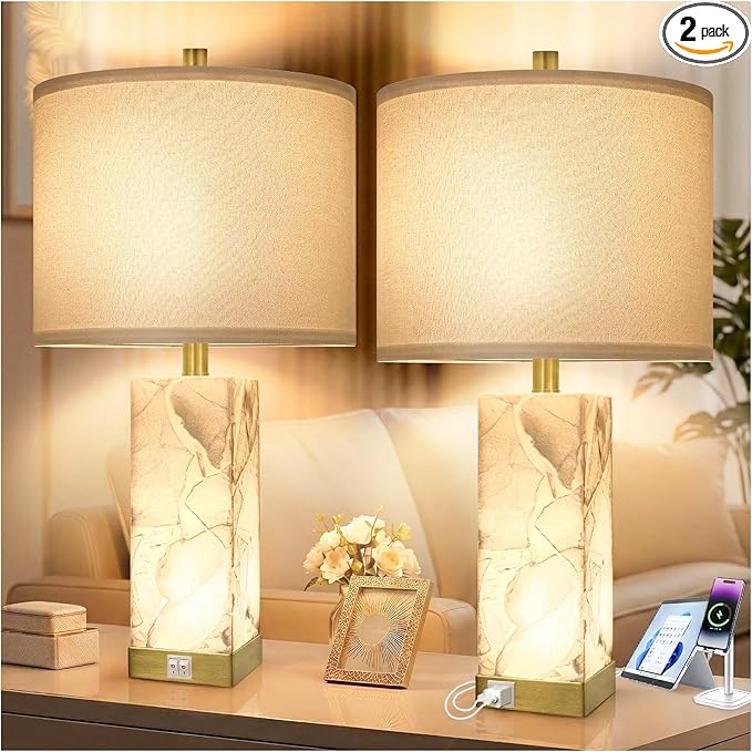 Scenekoy 23" Alabaster Table Lamps Set of 2 for Living Room Bedroom, Bedside Lamps with USB A+C Ports, Modern Table Lamp with Linen Shade for Living Room Bedroom Nightstand (Bulbs Included)