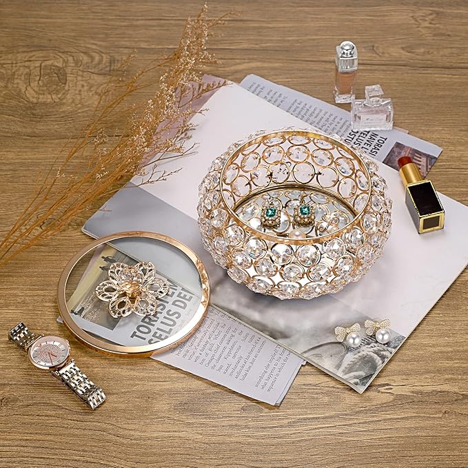 Hipiwe Crystal Jewelry Trinket Box with Glass Lid Large Gold Mirrored Treasure Box Decorative Jewelry Box Ring Earrings Necklace Storage Keepsake Box Gift for Women