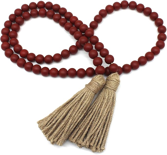 CVHOMEDECO. Wood Beads Garland with Tassels Farmhouse Rustic Wooden Prayer Bead String Wall Hanging Accent for Home Festival Decor. Burgundy