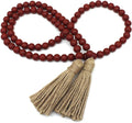 CVHOMEDECO. Wood Beads Garland with Tassels Farmhouse Rustic Wooden Prayer Bead String Wall Hanging Accent for Home Festival Decor. Burgundy
