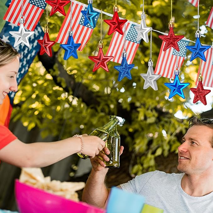 48PCS Fourth of July Decorations for Tree, America Star Ornaments, Pre-Assembled Patriotic Star Ornaments, Red Silver and Blue 250 Anniversary USA Merchandise for Independence Day Memorial Day Decor