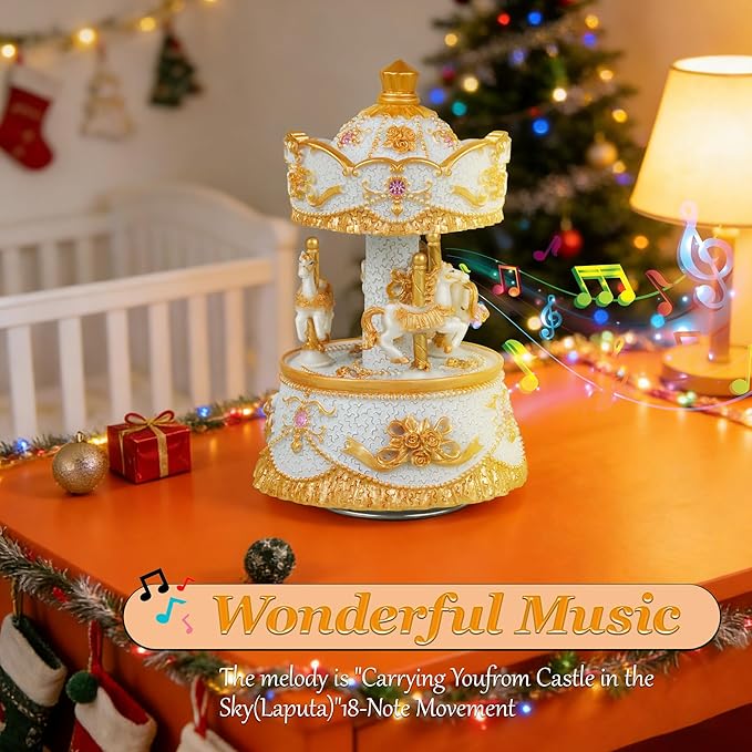 Carousel Music Box，Luxury Color Change LED Light Music Box,Luminous Rotating 3-Horse Musical Box with Gift Box for Girls Birthday Valentine Gift (You are My Sunshine, Light Gold)