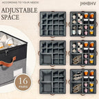 2 Pack Shoe Organizer for Closet, Adjustable Shoe Box Storage Containers, Large Foldable Shoe Bins with Clear Cover, Space Saving Shoes Holder with 4 Handles, Fits 16-32 Pairs, Black