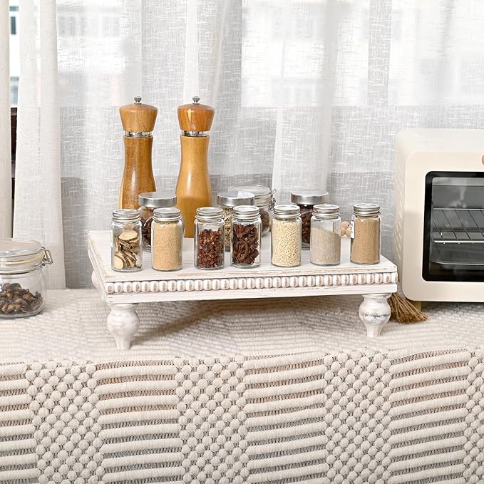 SwallowLiving Farmhouse Wood Riser for Display Decorative, Rustic Shabby Chic Tray for Kitchen Counter, Coffee Bar Table, Dining Room, Wooden Rectangle Beaded Pedestal Stand for Food, White