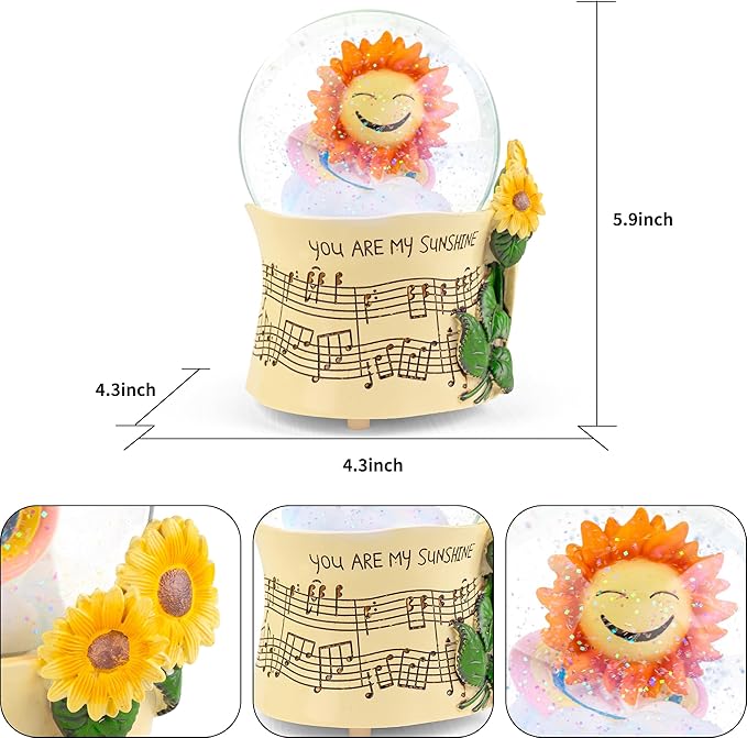 You are My Sunshine Snow Globe Music Box with Colorful Lights, Sunflower Musical Snowglobe, Wind Up Resin Flower Music Box Gifts for Mom Wife Girlfriend Grandma Women Birthday Anniversary