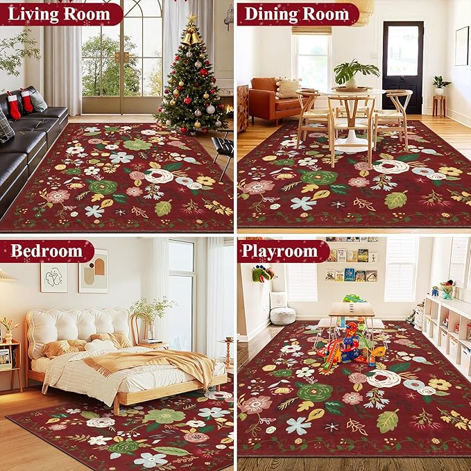U'Artlines 6x9ft Red Christmas Area Rug Floral Rugs for Living Room,Non Slip Washable Rug Indoor Low Pile Floor Red Carpet for Bedroom, Dining Room,Classroom,Farmhouse,Office