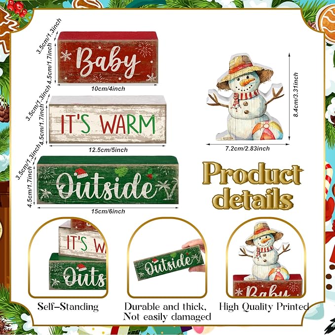 Lineshading 4 Pcs Summer Christmas in July Table Decoration Wooden July Summer Table Centerpiece Christmas Party Supplies Snowman Flamingo Palm Tree Beach Party Decorations Holiday Xmas Supplies