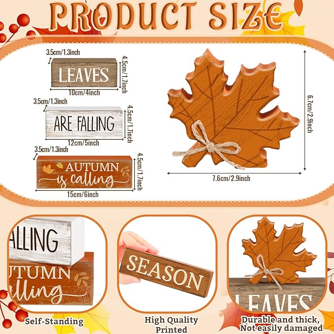 Lineshading 4 Pcs Fall Decoration for Home Wooden Maple Leaf Thanksgiving Table Centerpiece Rustic Thanksgiving Tiered Tray Decor Decorative Autumn Leaves Block Sign Farmhouse Autumn Decor for Kitchen