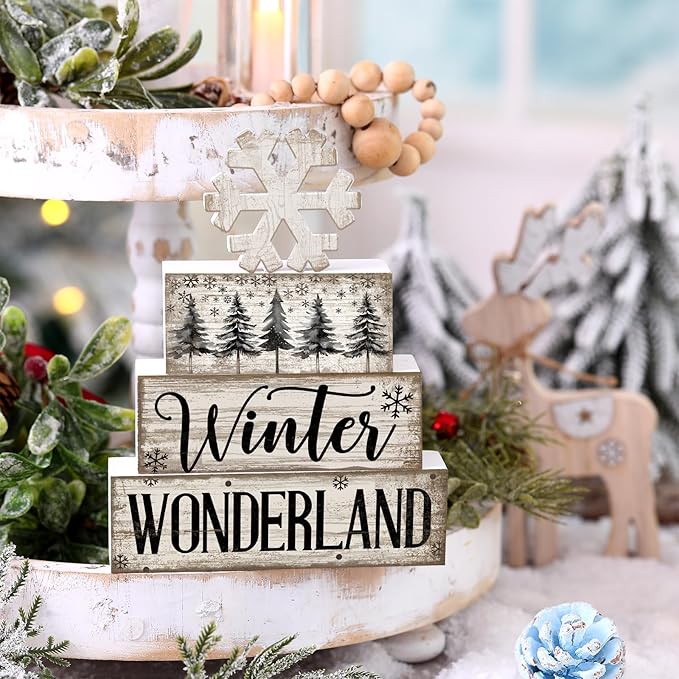 Lineshading 4 Pcs Winter Table Decorations Wooden Snowflake Decor Winter Tiered Tray Decor Rustic Snow Block Signs Gift Farmhouse Christmas Centerpiece for Wonderland Party Kitchen Home