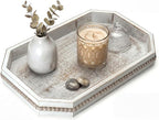 EOSAHR Rustic Decorative Tray with Beaded Edge for Home Decor - Farmhouse Wooden Serving Tray for Coffee Bar Accessories - Ideal for Bathroom Counter, Makeup Vanity Display (Distressed White)