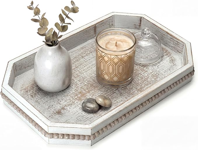 EOSAHR Rustic Decorative Tray with Beaded Edge for Home Decor - Farmhouse Wooden Serving Tray for Coffee Bar Accessories - Ideal for Bathroom Counter, Makeup Vanity Display (Distressed White)