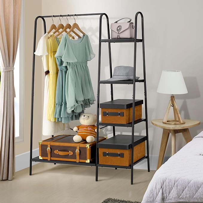 Finnhomy Rustic Clothes Rack, Clothing Rack for Hanging Clothes Heavy Duty Garment Rack with 5 Wood Shelves Freestanding Portable Closet Organizer for Bedroom/Entryway/Boutiques，Matte Black