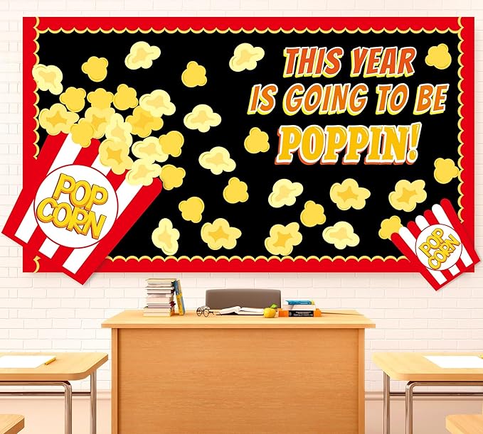 Popcorn Bulletin Board for Classroom Decorations Happy New Year Classroom Bulletin Board Set DIY Crafts Movie Themed Paper Cutouts for Students Wall Popcorn Holiday Celebration Party Supplies Decor