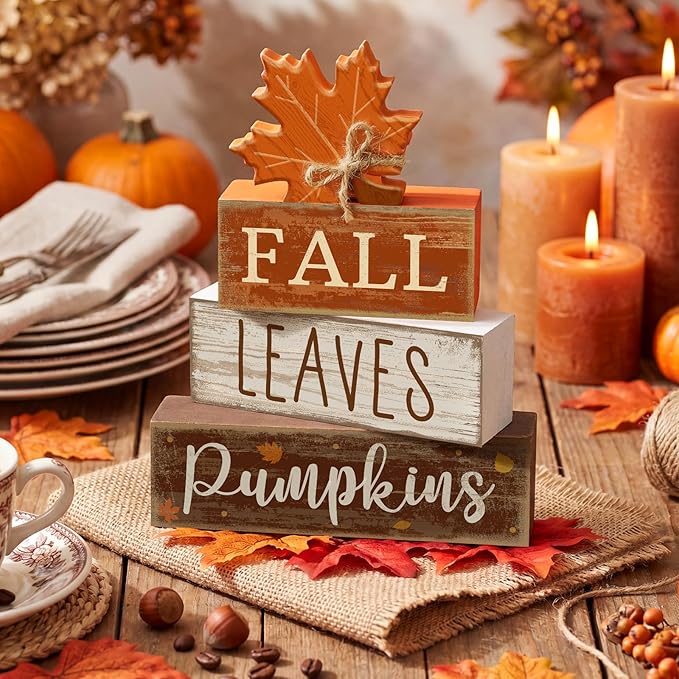 Lineshading 4 Pcs Fall Decoration for Home Wooden Maple Leaf Thanksgiving Table Centerpiece Rustic Thanksgiving Tiered Tray Decor Decorative Fall Leaves Block Signs Farmhouse Autumn Decor for Kitchen