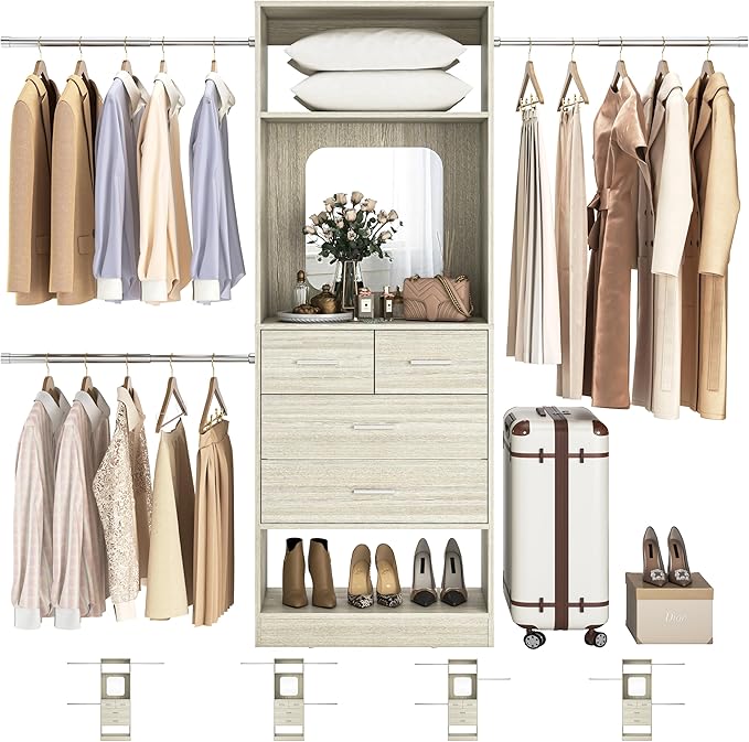 Unikito 8FT Closet System, Customizable 96 Inch Closet Organization Kit with 25” Tower and 3 Extendable Hanging Rod(Can Be Cut to Fit), Heavy Duty Clothing Racks with 4 Drawers and Shelves, White Oak