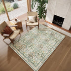 Beige Blue Area Rug 5x7 - Vintage Washable Floral Rug for Living Room, Bedroom, Nursery & Entryway - Low Pile, Non-Slip, Stain Resistant, Retro Indoor Carpet